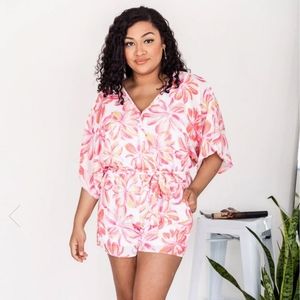 NEW Pink Lily XL ~ Meet Me In the Tropics Pink/Orange Floral Kimono Romper